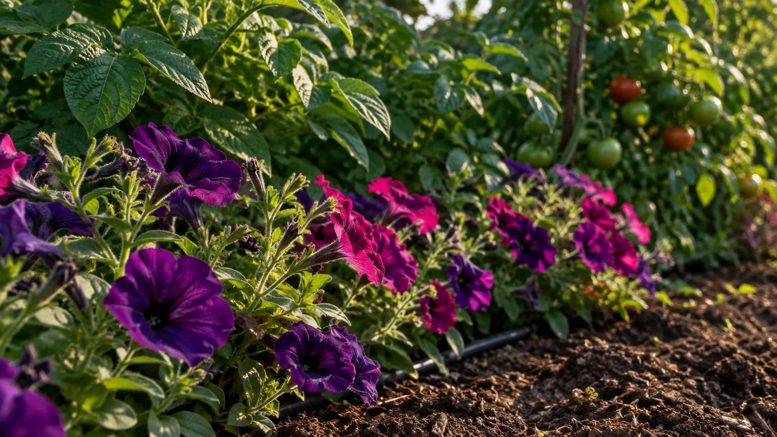 Purple petunias line a garden border in front of green foliage and tomato plants bearing fruit.