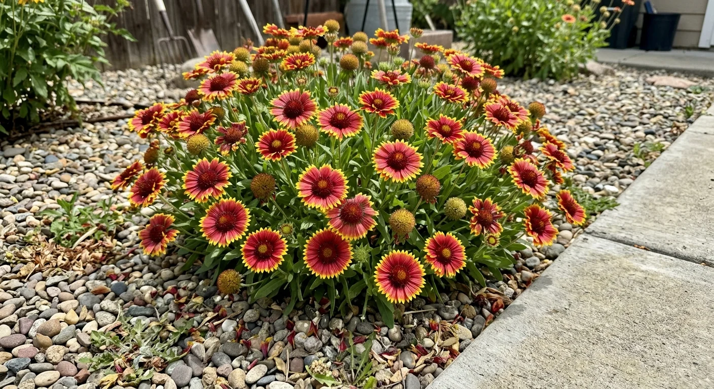 A mound of blanket flowers with red petals tipped in yellow, growing in a gravel garden bed next to concrete.