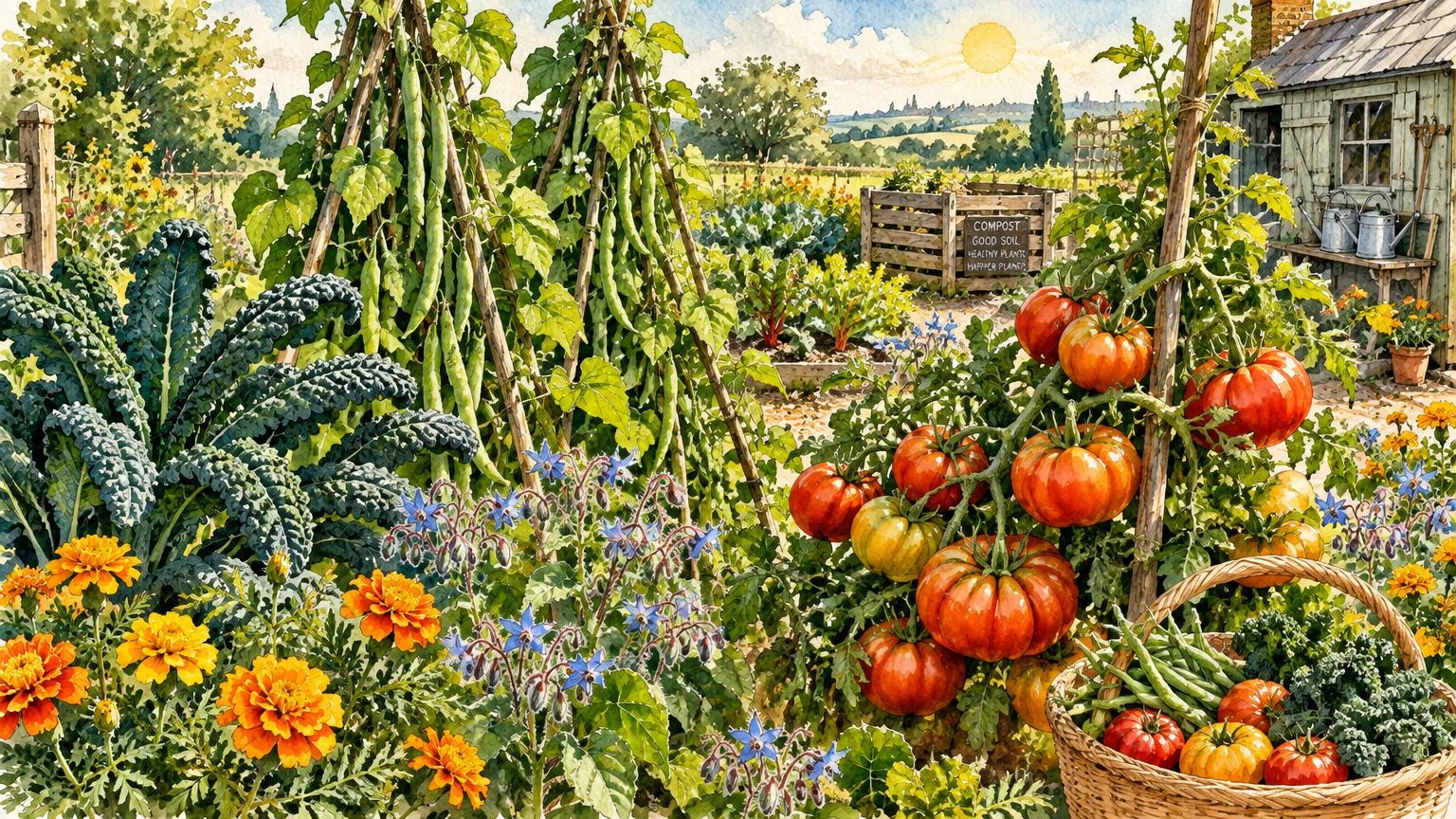 Watercolor illustration of a flourishing vegetable garden with ripe tomatoes, climbing bean vines, kale, and marigolds.