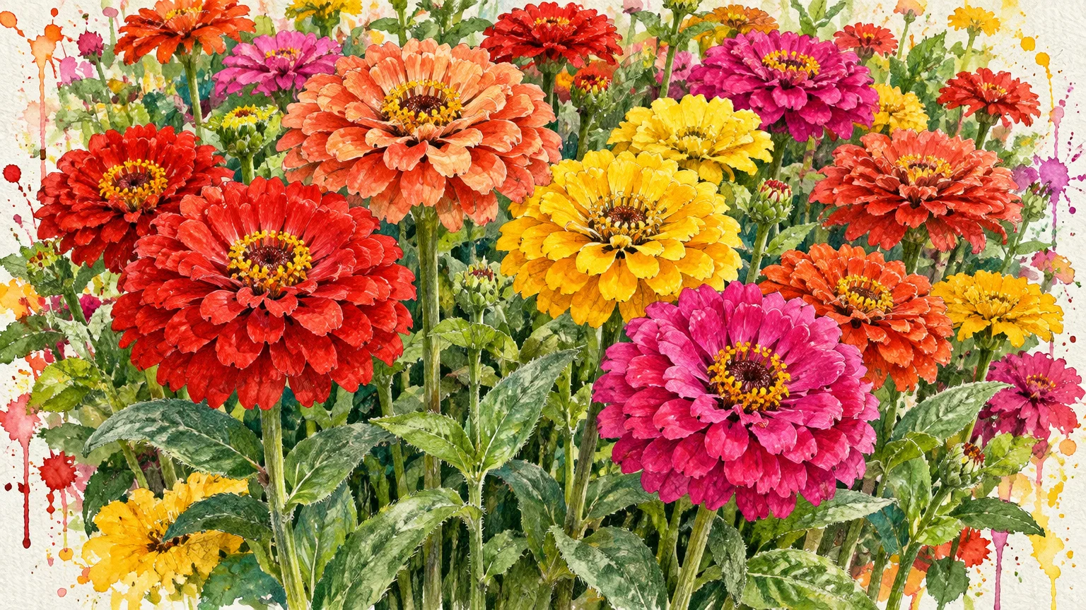 Watercolor illustration of a dense cluster of colorful blooming zinnias in red, orange, yellow, and vibrant pink.