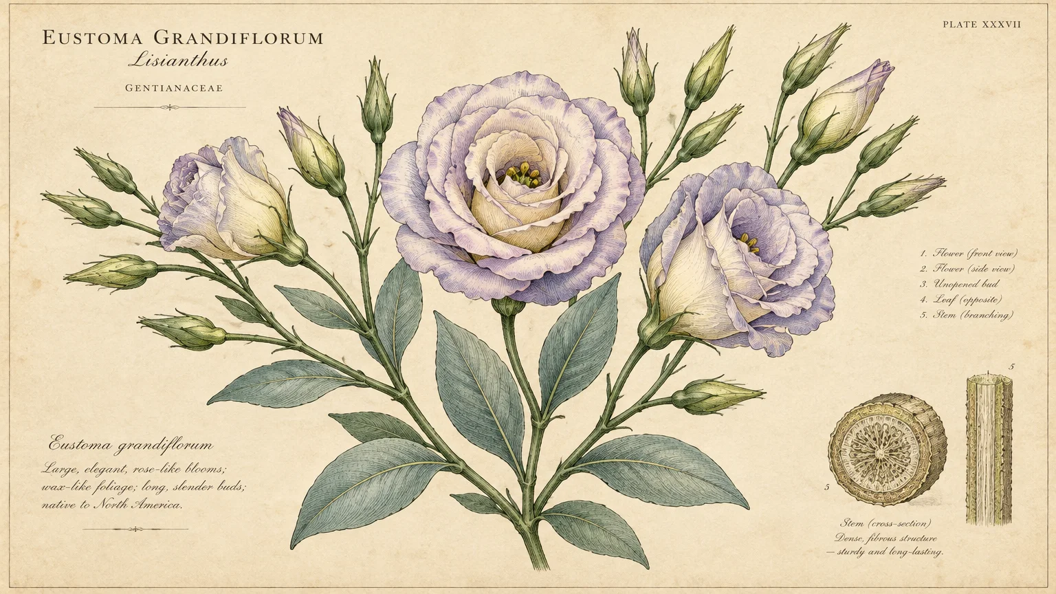 Botanical illustration of lisianthus flowers with pale purple edges, buds, green leaves, and stem cross-sections on parchment.