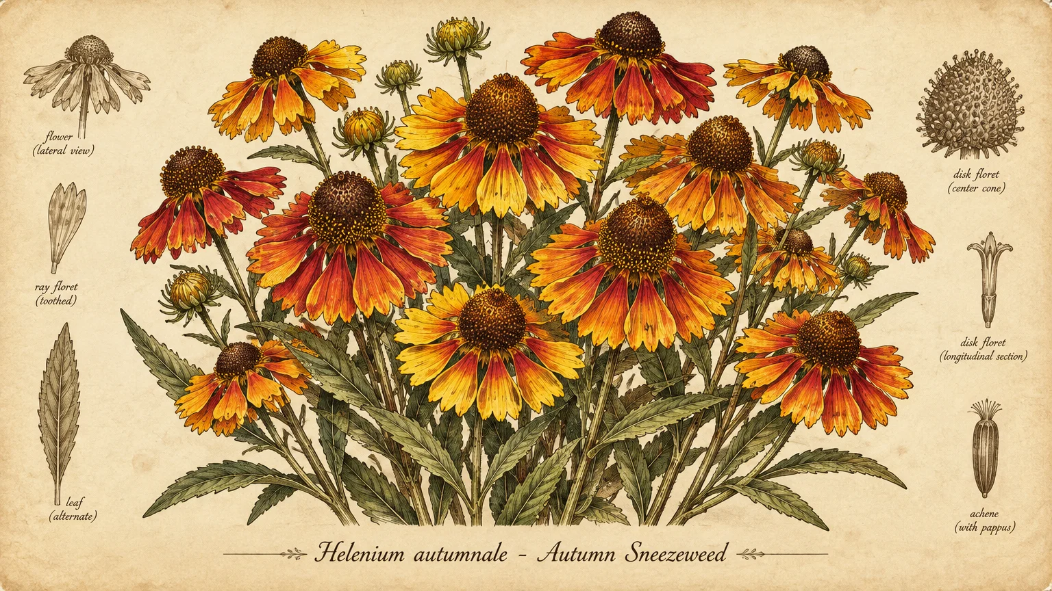 Botanical illustration of autumn sneezeweed flowers with orange and yellow petals, green foliage, and anatomical diagrams.