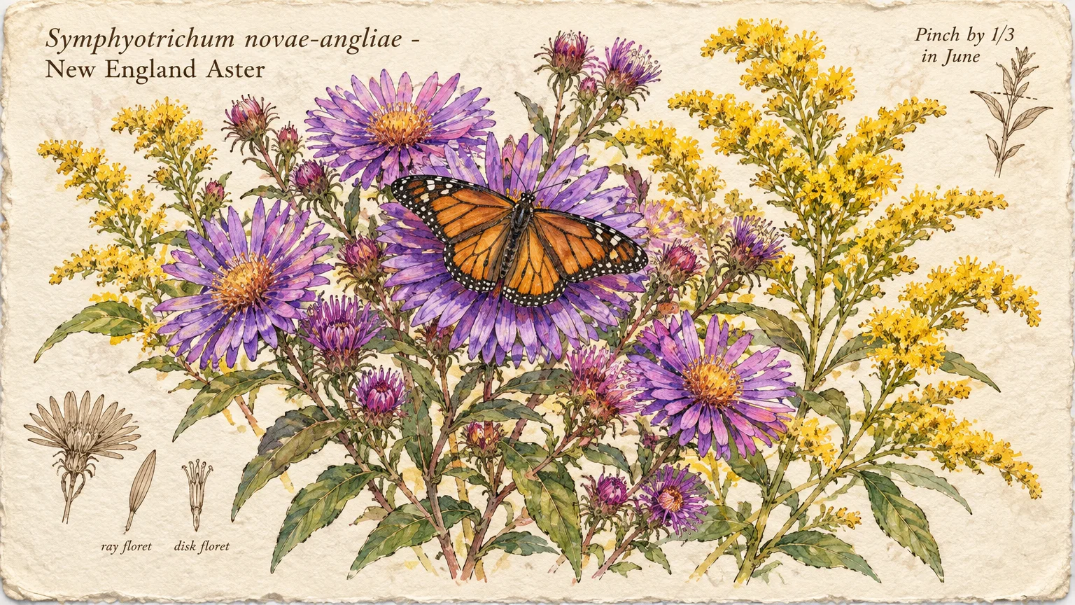 Botanical illustration of purple New England asters, yellow goldenrod, and an orange monarch butterfly on textured paper.