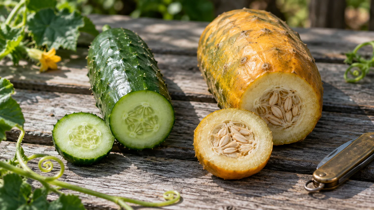 Sliced fresh green cucumber next to an overripe, thick yellow cucumber revealing large seeds on a wooden surface.