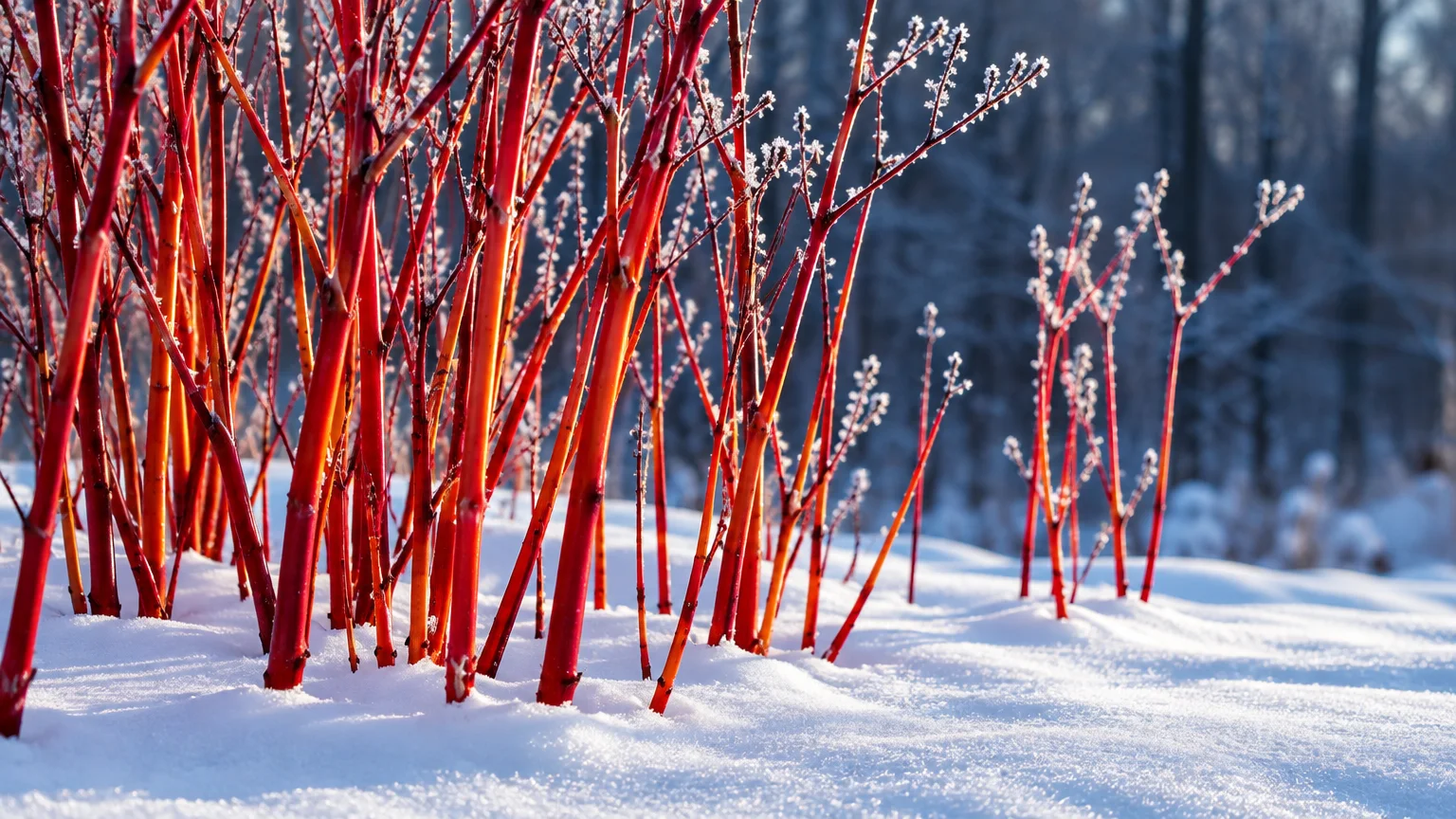Bright red and coral dogwood stems rising out of thick white snow with frost along bare branches.