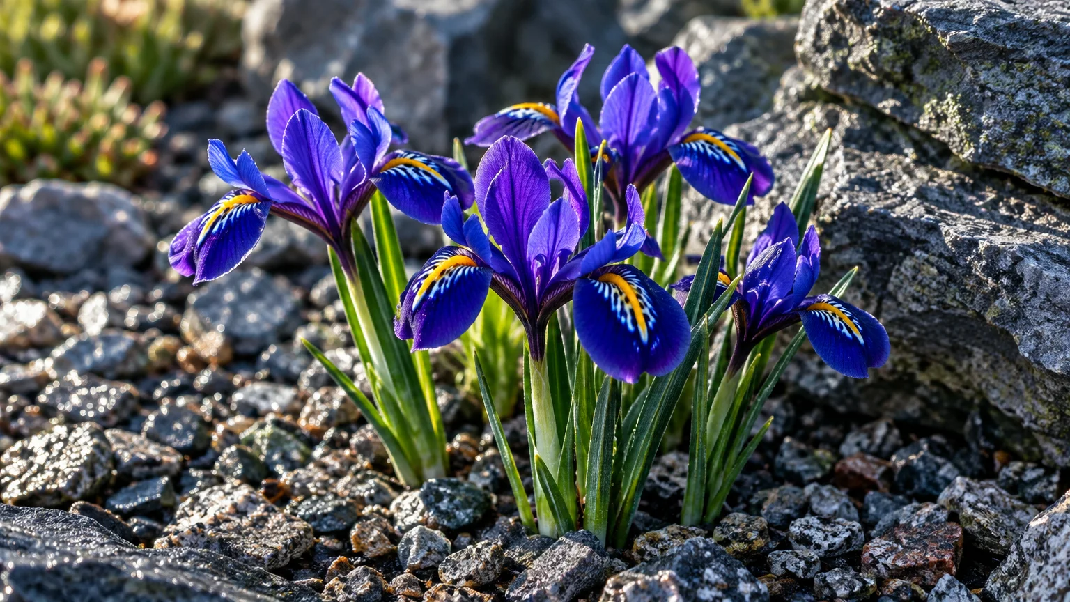 Purple dwarf iris flowers with yellow markings blooming amidst gray stones and gravel in a rock garden.