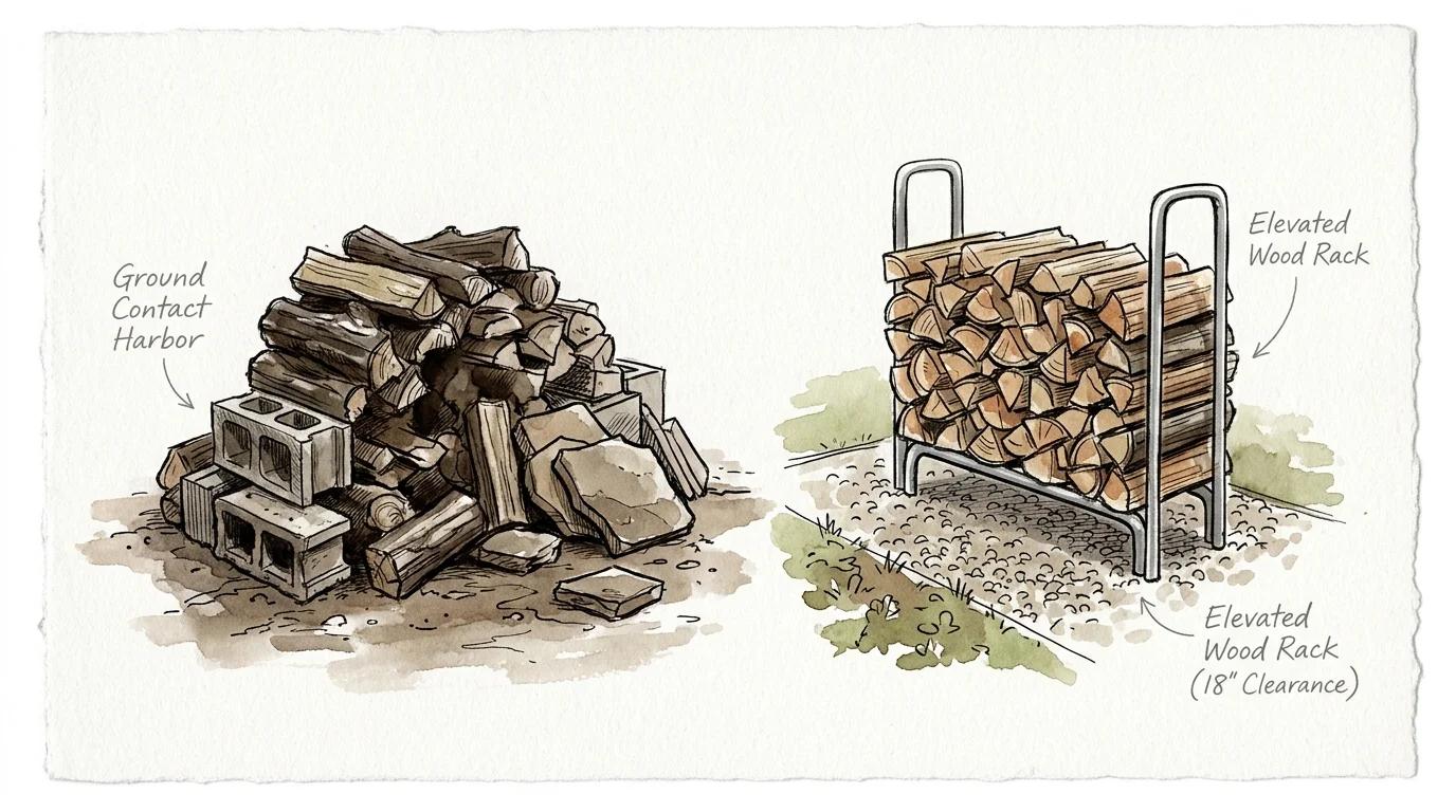 Watercolor sketch comparing a messy pile of wood on bare dirt to firewood stacked neatly in an elevated metal rack.