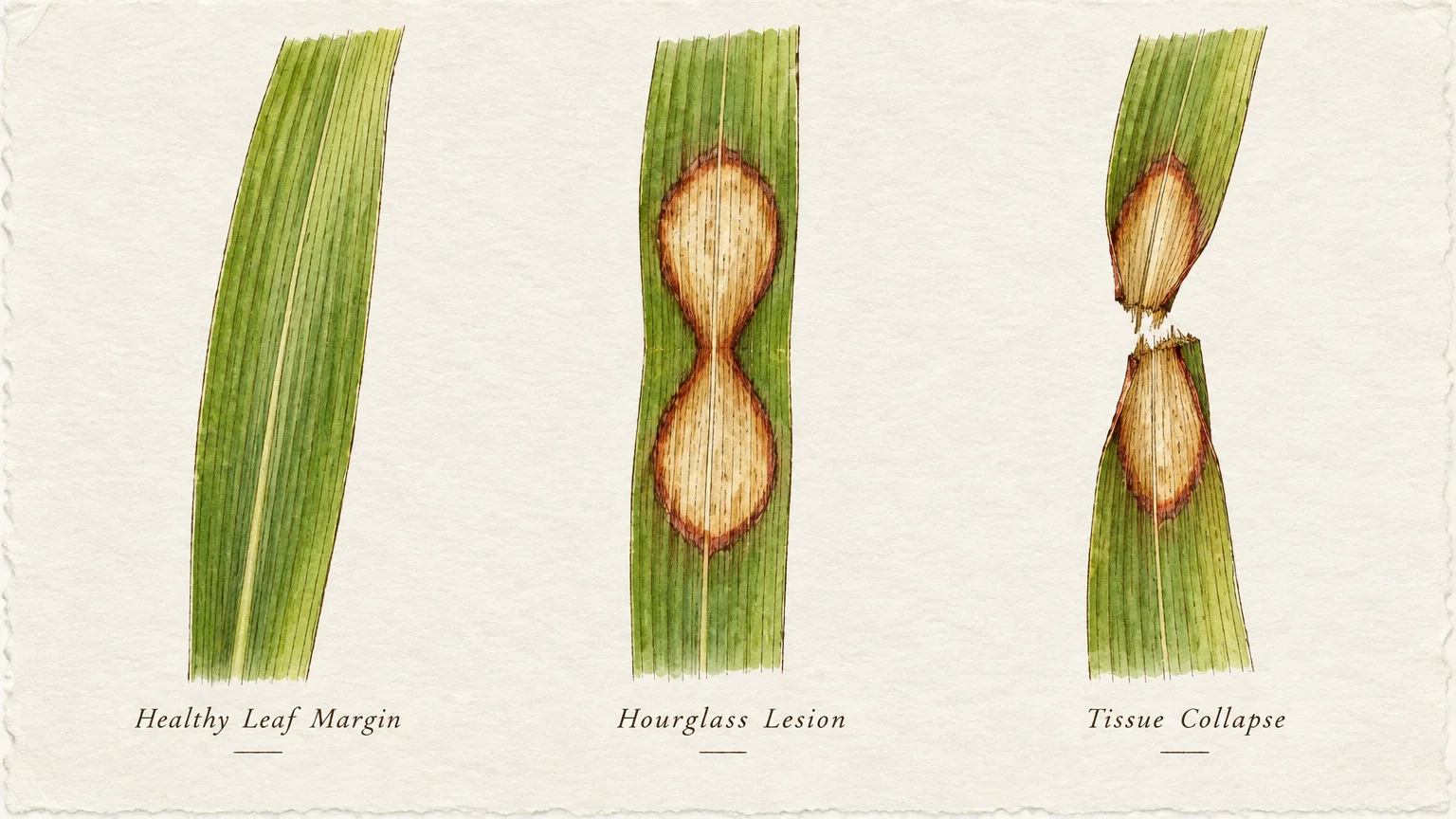 Botanical illustration showing three grass blades labeled Healthy Leaf Margin, Hourglass Lesion, and Tissue Collapse.