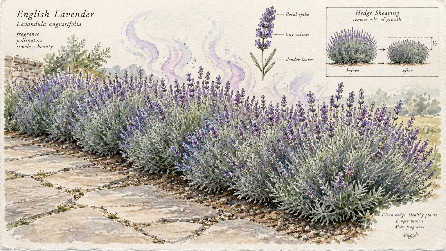 Watercolor illustration of a blooming lavender hedge along a stone walkway, with botanical diagrams and text notes.