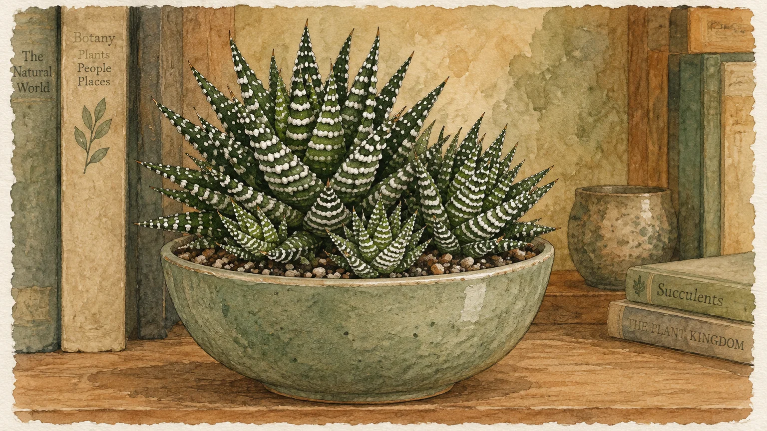Watercolor painting of a zebra haworthia succulent in a shallow ceramic bowl on a wooden shelf beside botany books.