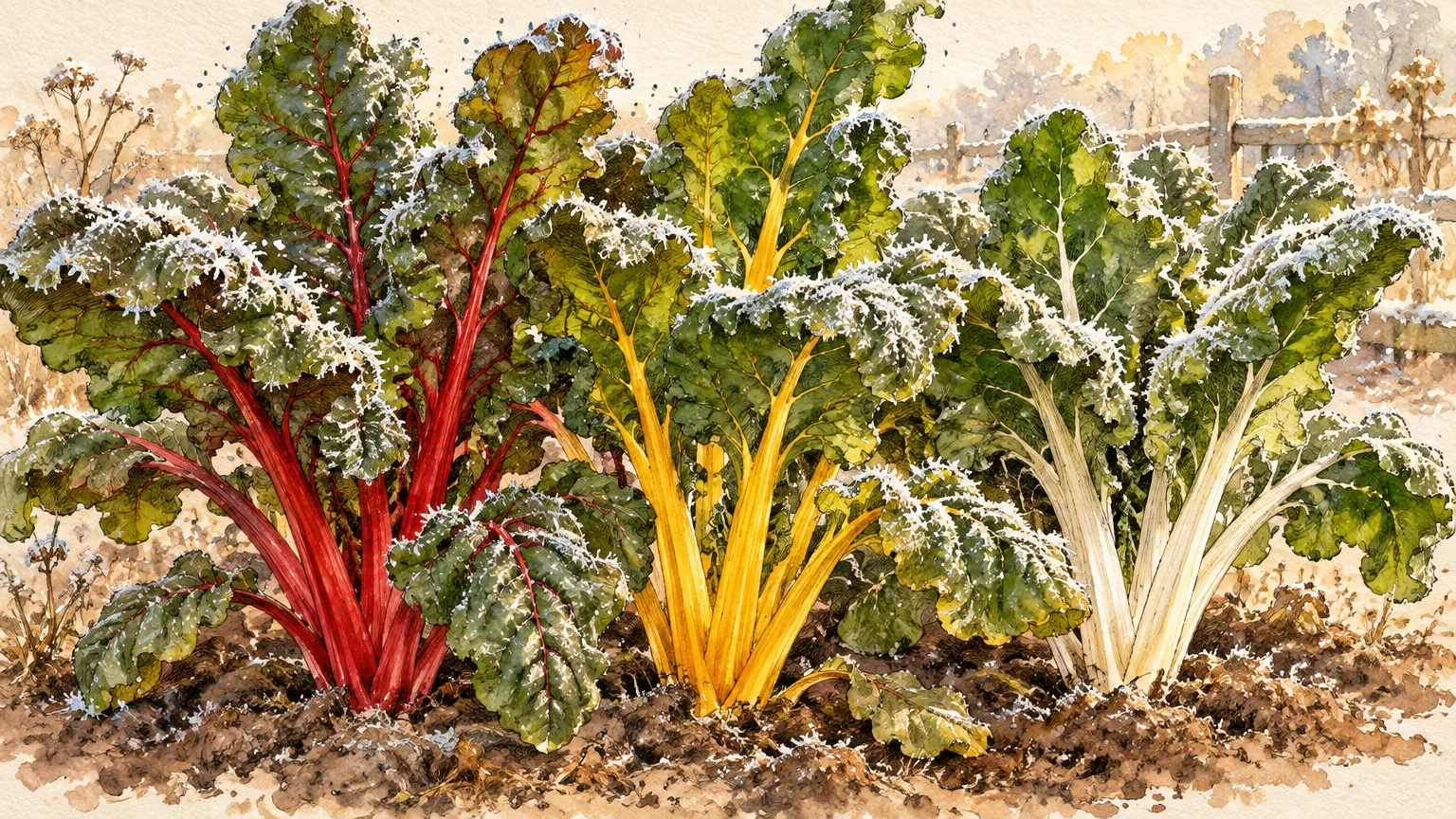 Watercolor illustration of red, yellow, and white stemmed Swiss chard plants dusted with frost in garden soil.