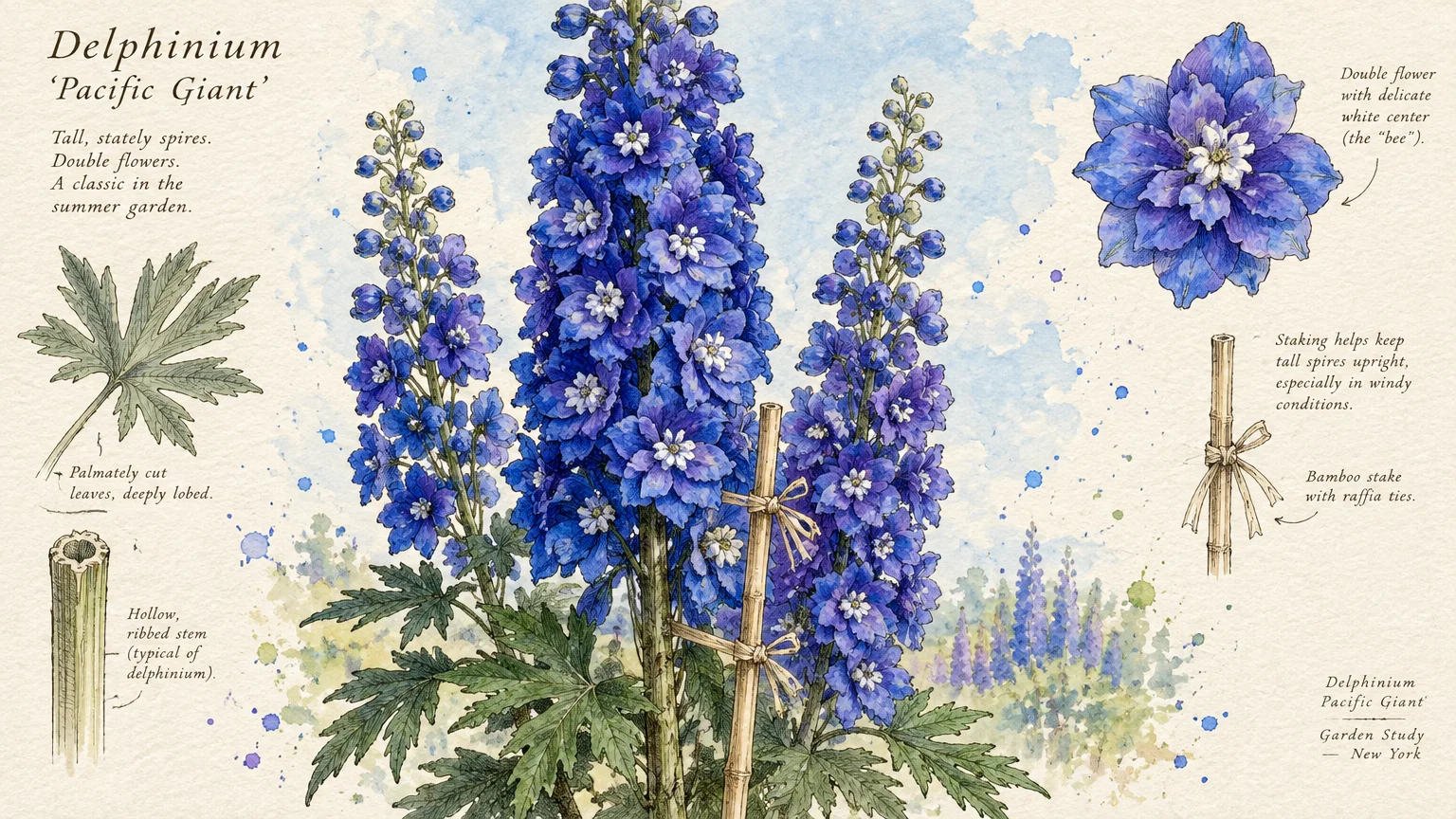 Botanical watercolor study of blue Pacific Giant delphiniums with diagrams of staking, leaf shape, and hollow stem.