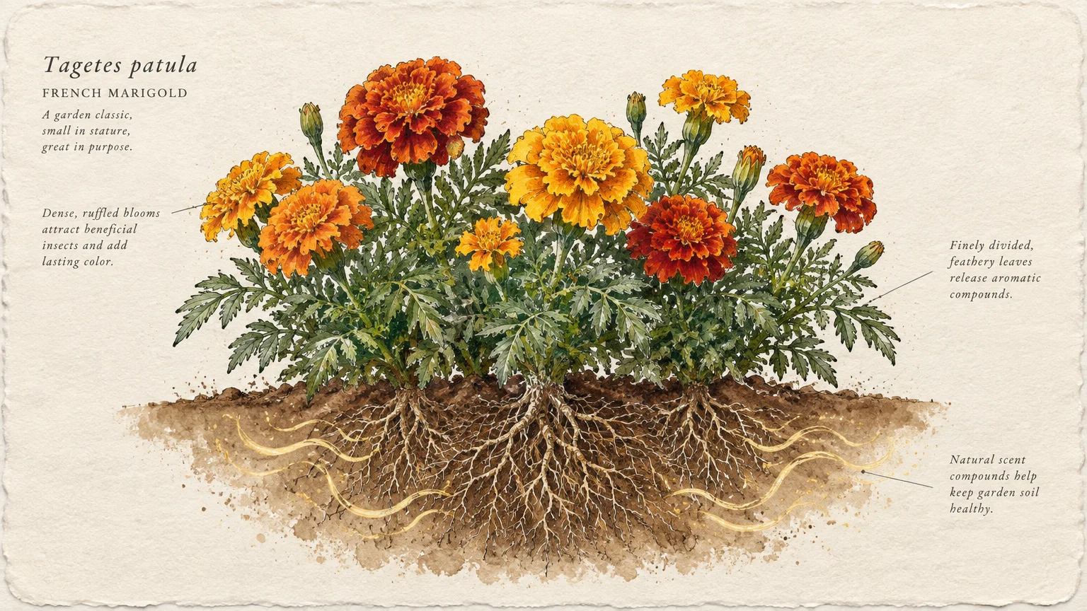 Botanical watercolor illustration of French marigold plants showing orange and yellow flowers, green foliage, and roots.