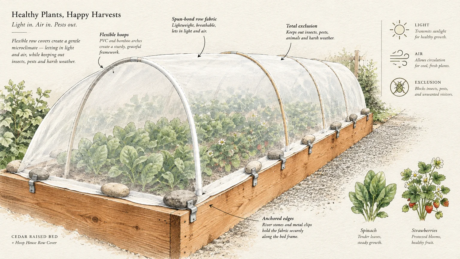 Illustrated cedar raised garden bed covered by a fabric hoop tunnel anchored with stones and clips.
