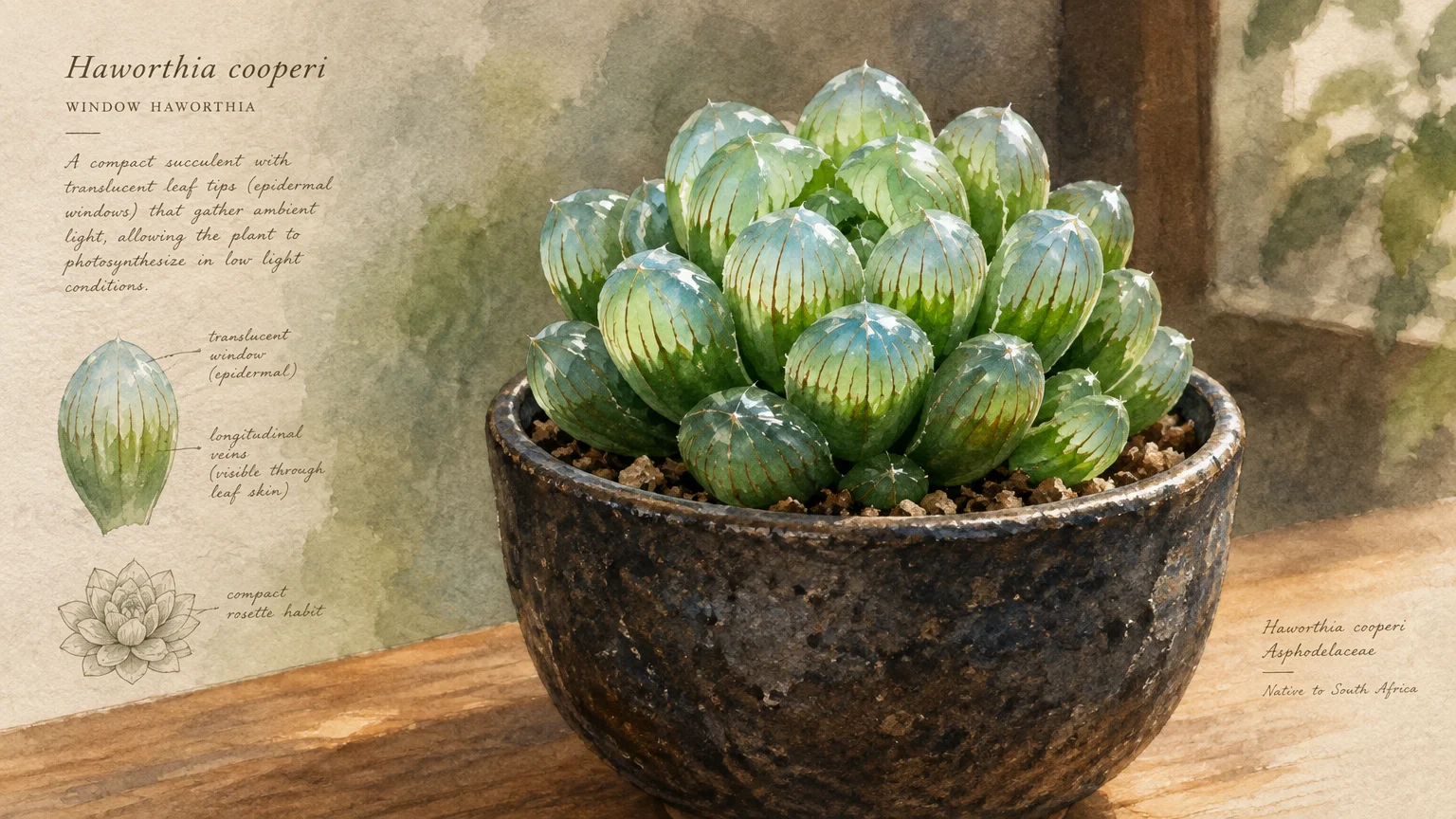 Watercolor illustration of a potted Haworthia cooperi succulent with bulbous translucent leaves beside botanical diagrams.