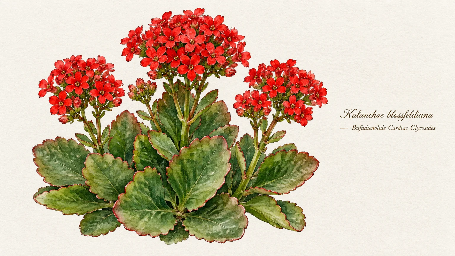 Botanical watercolor illustration of a flowering Kalanchoe blossfeldiana plant with red blossoms and scalloped green leaves.