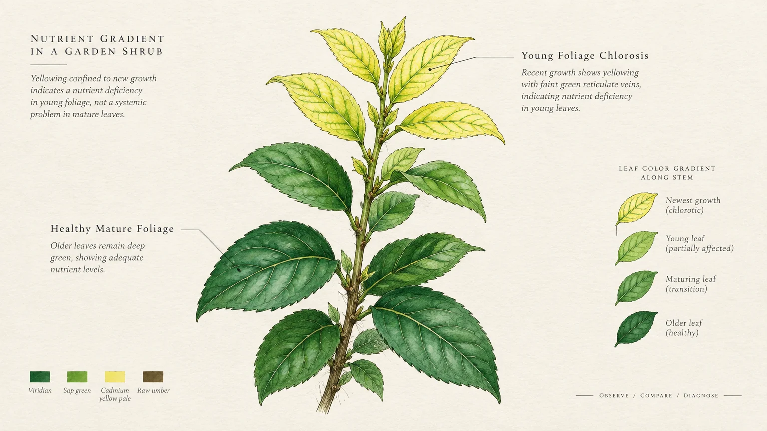 Botanical diagram of a plant stem with pale yellow upper leaves, deep green mature foliage, and a leaf color gradient.