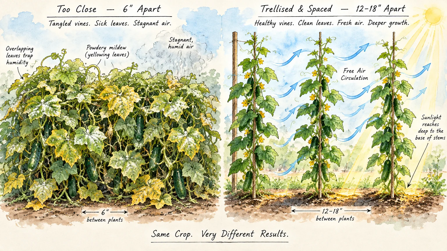 Illustration comparing crowded, mildewed cucumber vines against well-spaced, trellised plants with good airflow and sunlight.