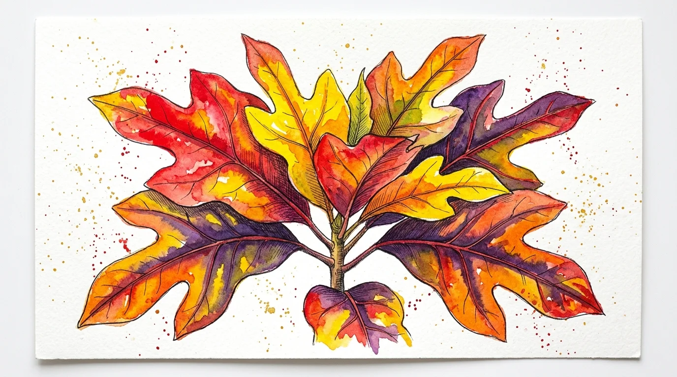 Watercolor painting of a croton plant with lobed leaves in vibrant shades of red, orange, yellow, and purple.