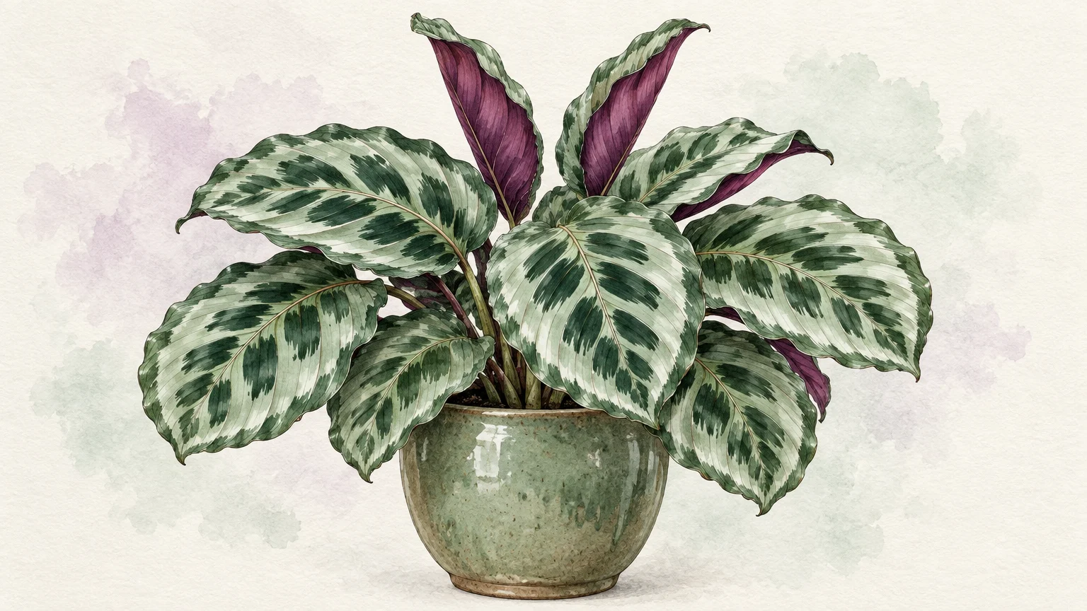 Watercolor illustration of a potted calathea plant with patterned green and cream leaves showing purple undersides.