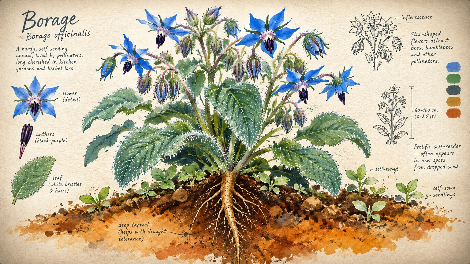 Botanical illustration of a flowering borage plant showing its deep taproot underground, blue star flowers, and seedlings.