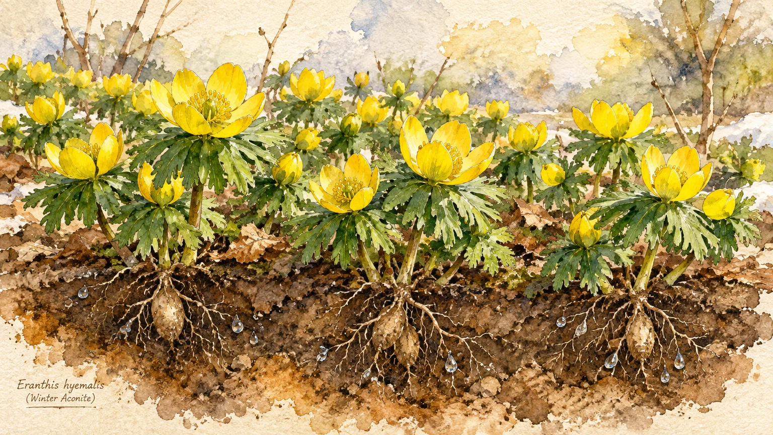 Botanical watercolor of blooming yellow winter aconite flowers with a soil cutaway revealing underground tubers and roots.