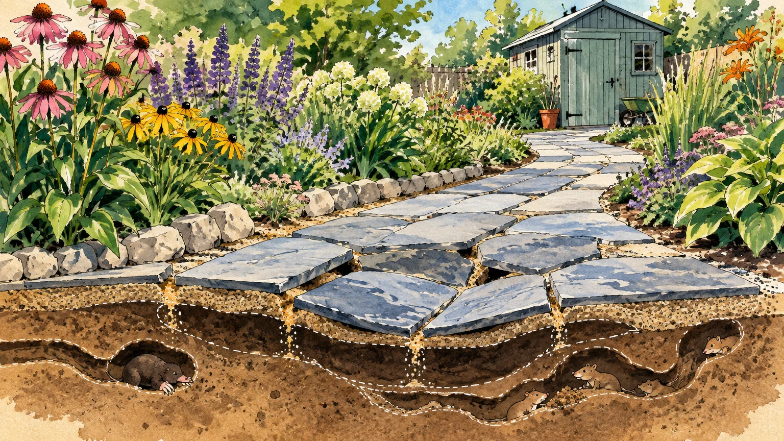 Illustration of a stone garden walkway with a cross section showing moles and voles tunneling beneath shifting pavers.