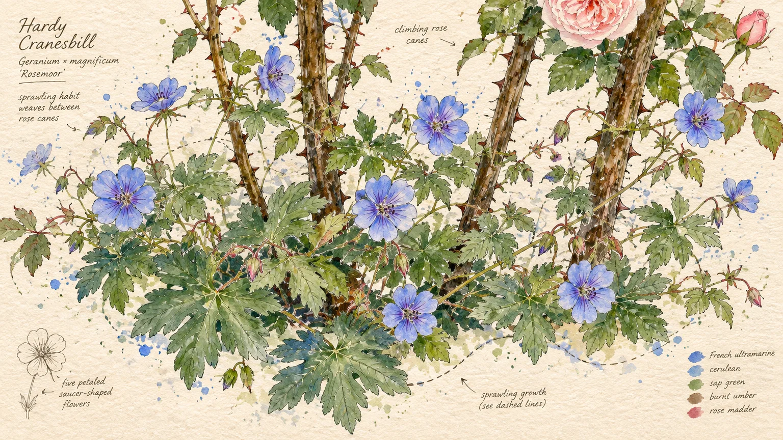 Botanical watercolor illustration of blue cranesbill geraniums growing around thorny climbing rose canes with handwritten notes.