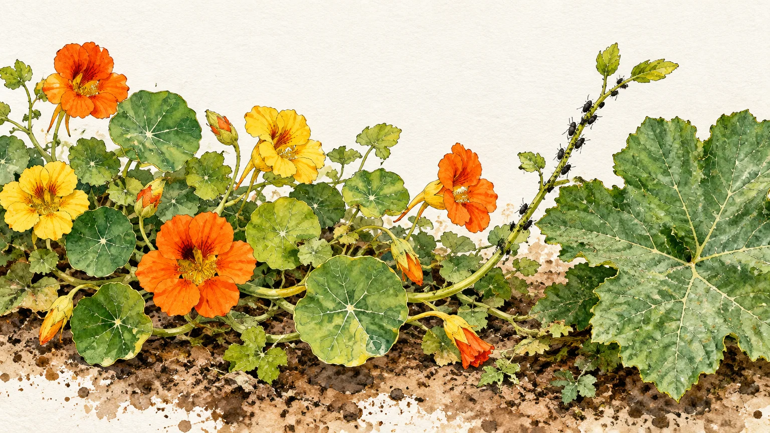 Watercolor illustration of flowering nasturtiums with orange and yellow blooms next to a stem covered in small black aphids.