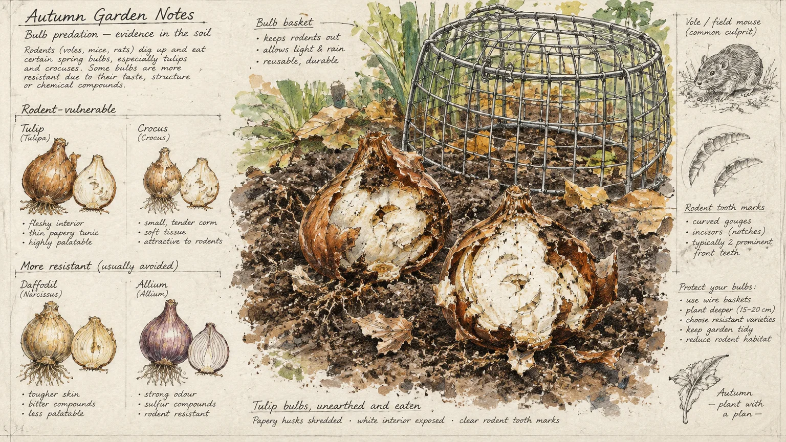 Illustrated garden guide showing chewed tulip bulbs, a wire bulb basket, and botanical sketches of bulbs and a rodent.