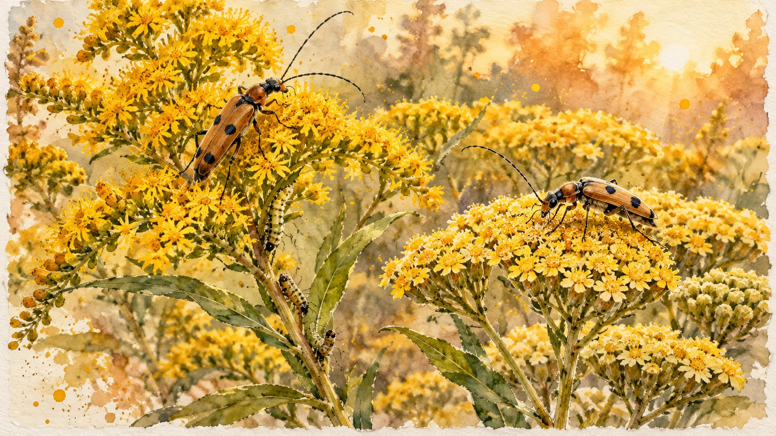 Watercolor illustration of two tan-and-black beetles resting on yellow wildflowers in a sunny meadow.