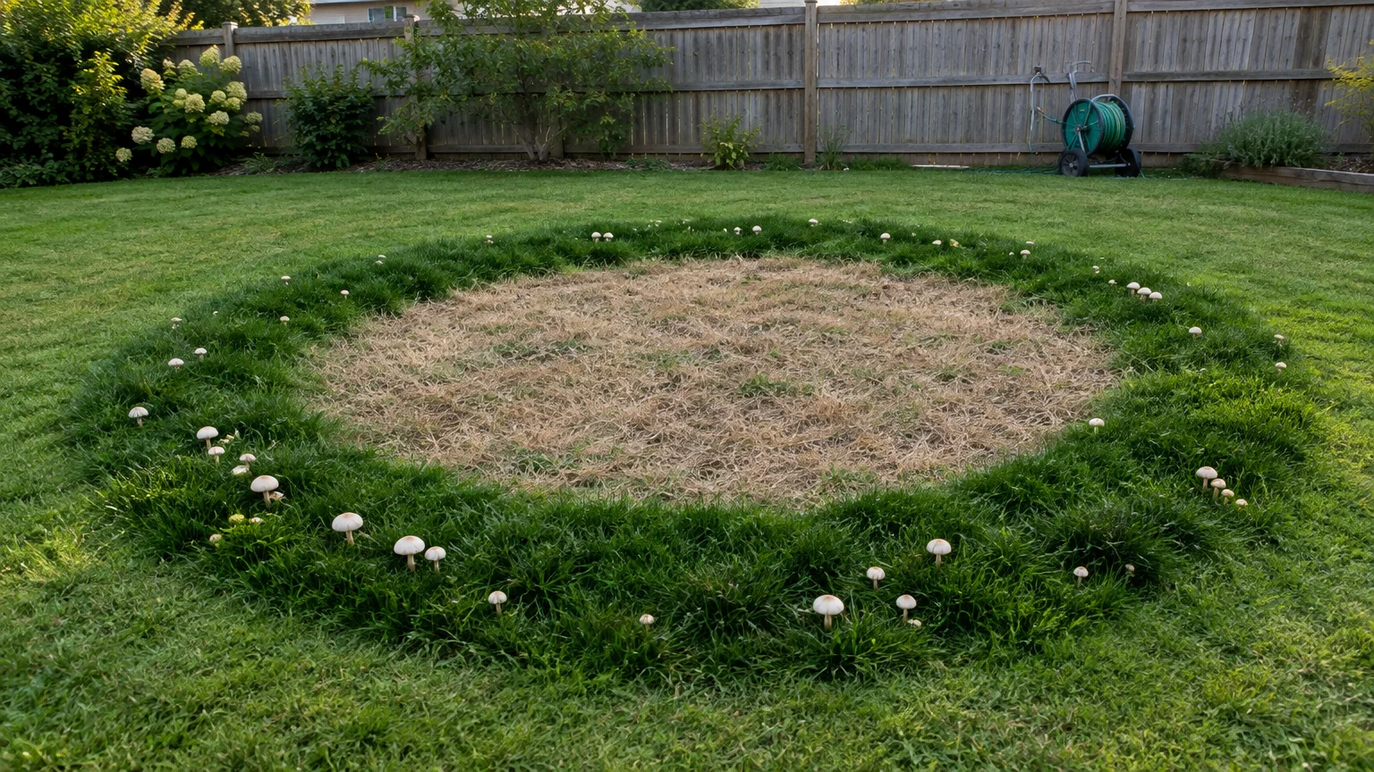 Circular patch of dead dry grass surrounded by a dark green ring of taller grass and white mushrooms in a lawn.