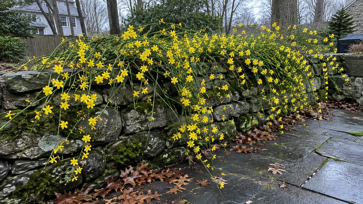Bright yellow winter jasmine flowers cascade over a mossy stone wall onto a wet flagstone patio.