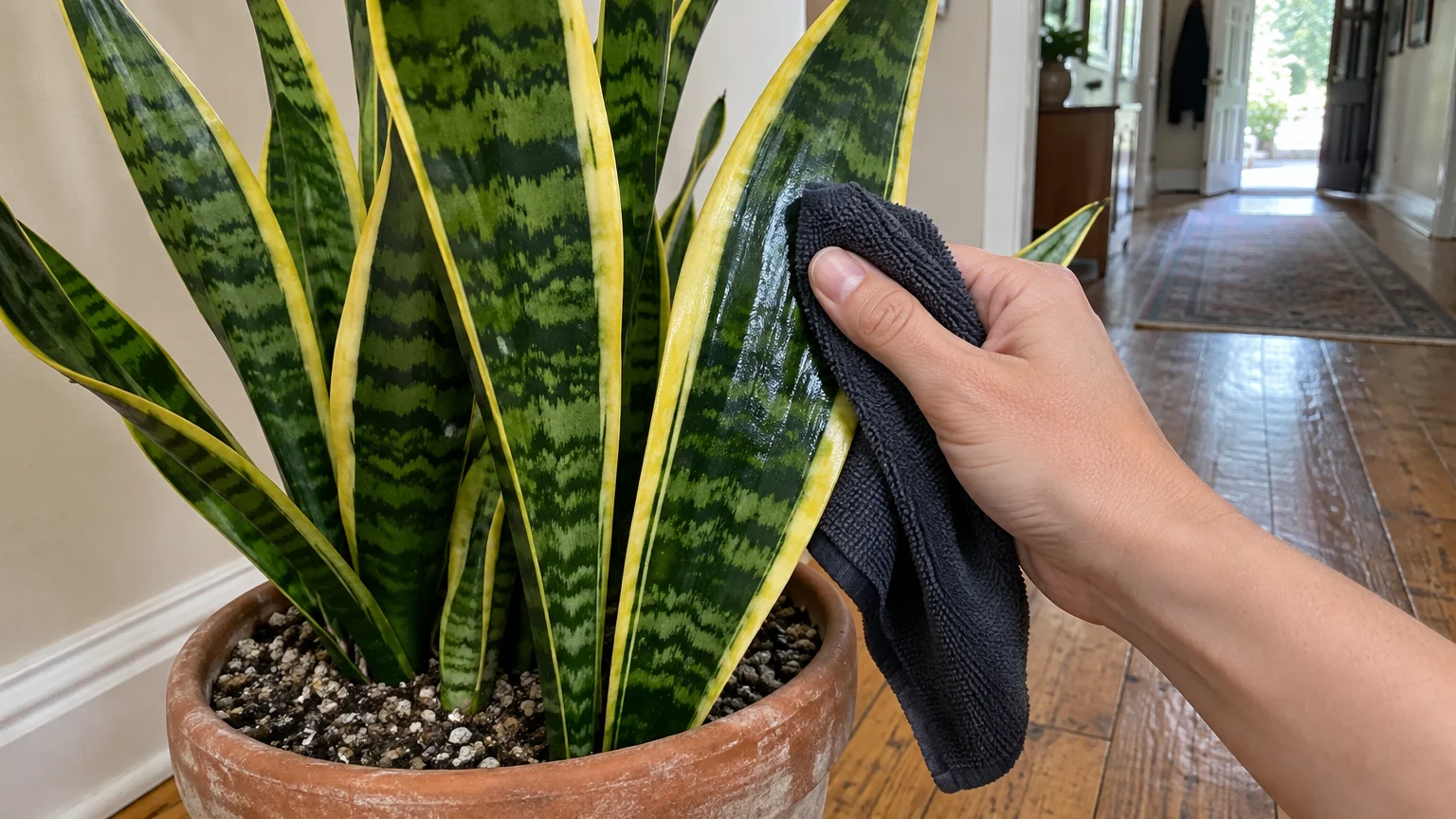 A person gently wipes dust off a variegated snake plant leaf with a dark microfiber cloth indoors.