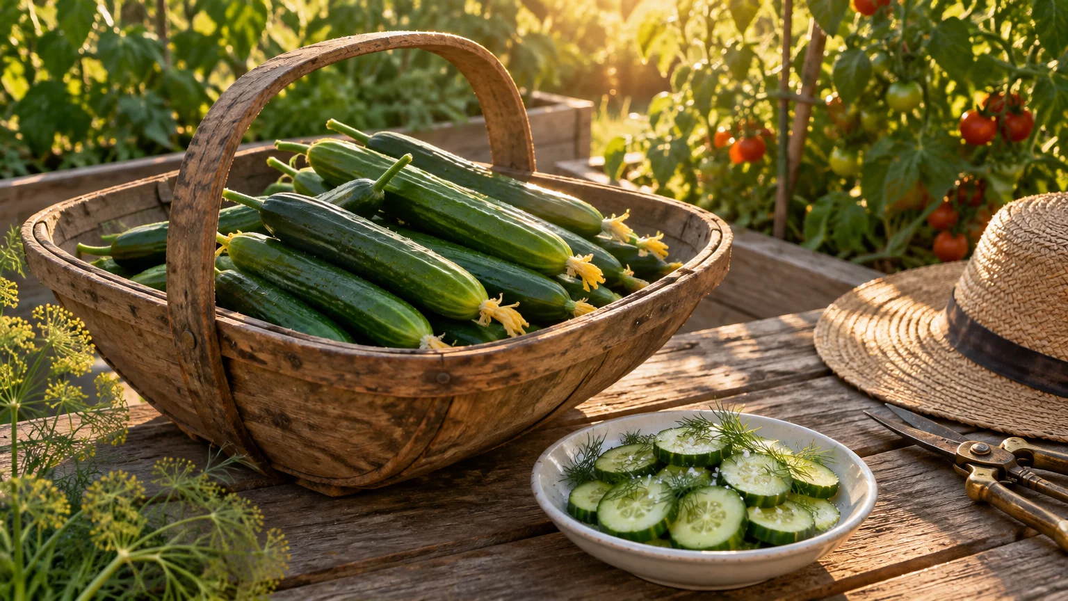 Freshly harvested cucumbers in a wooden basket on a table alongside sliced cucumber in a bowl and a straw hat.