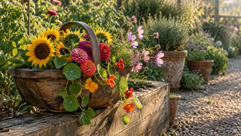 A wooden basket filled with colorful cut flowers including sunflowers and zinnias sits outdoors on a wooden garden edge.