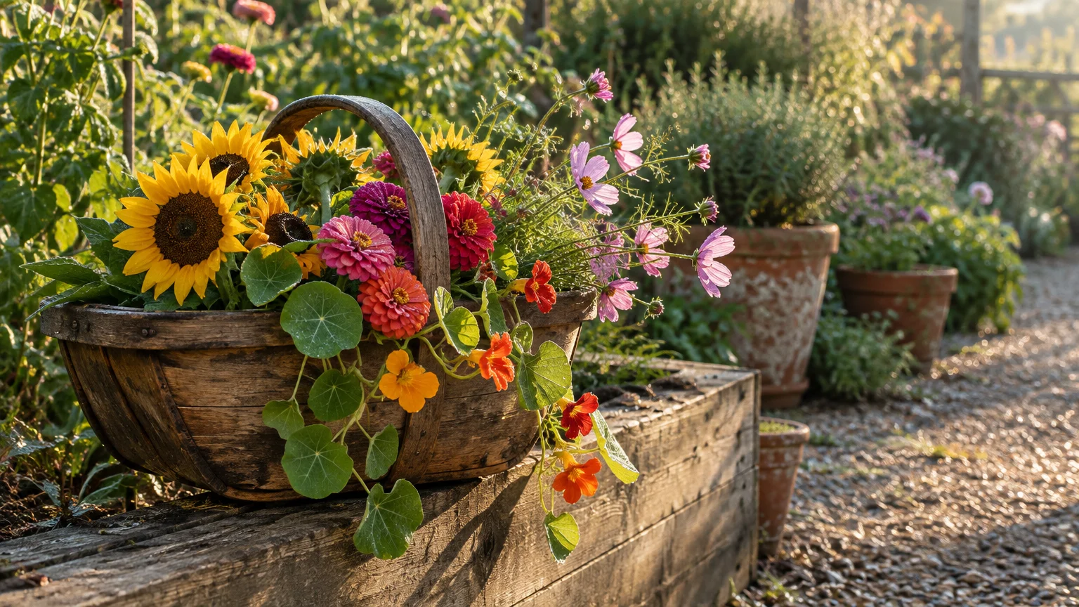 A wooden basket filled with colorful cut flowers including sunflowers and zinnias sits outdoors on a wooden garden edge.