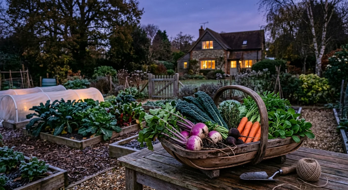 A wooden basket filled with harvested vegetables on a garden table in front of raised beds and row covers.