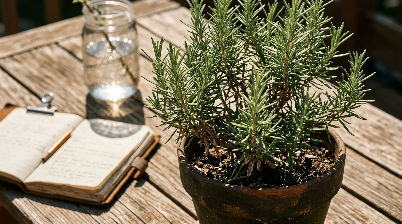A potted rosemary plant sits on a sunny wooden outdoor table next to an open notebook and a glass jar with water.