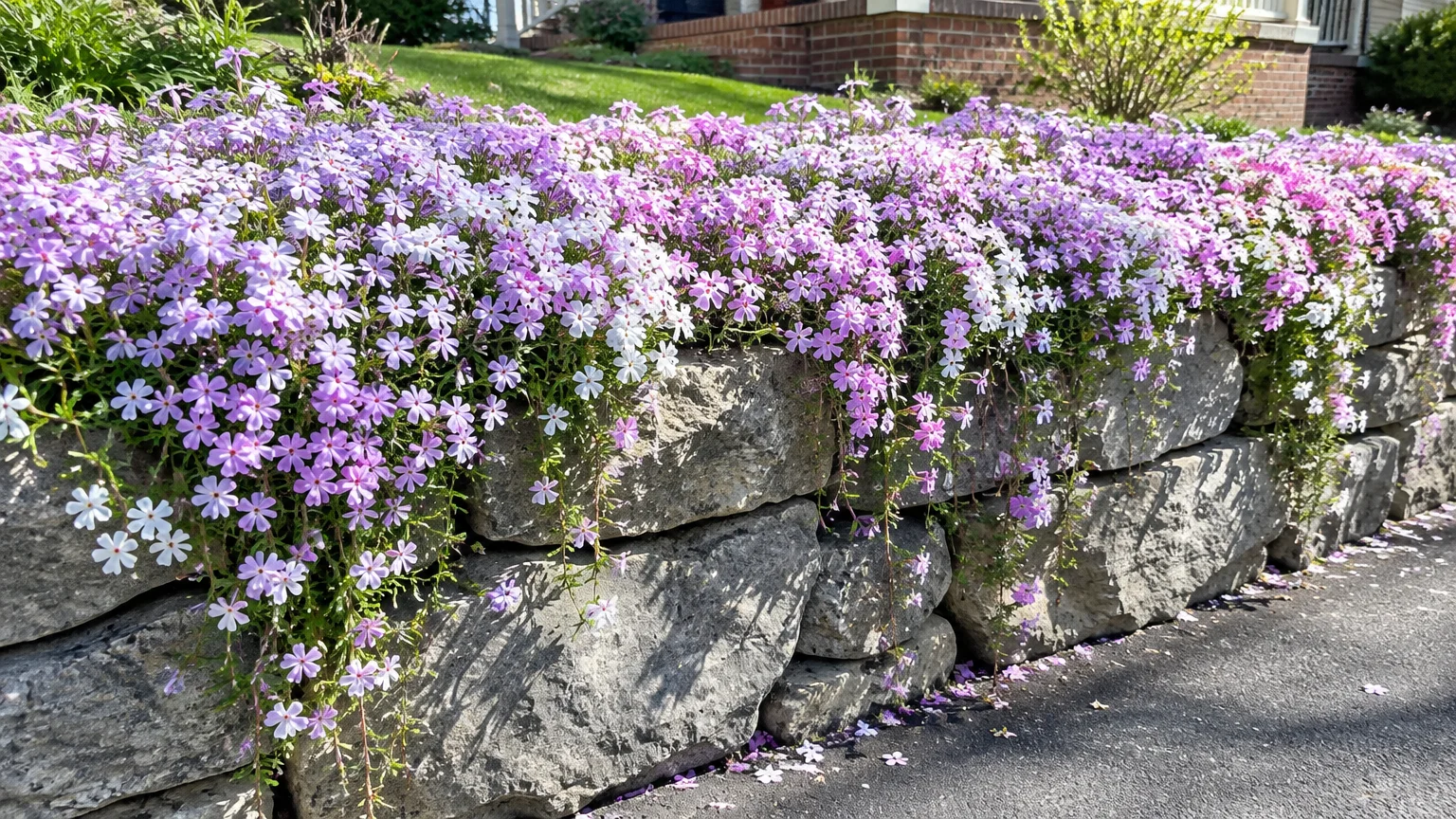 Masses of light purple and white flowers spill down over a rugged gray stone retaining wall next to pavement.