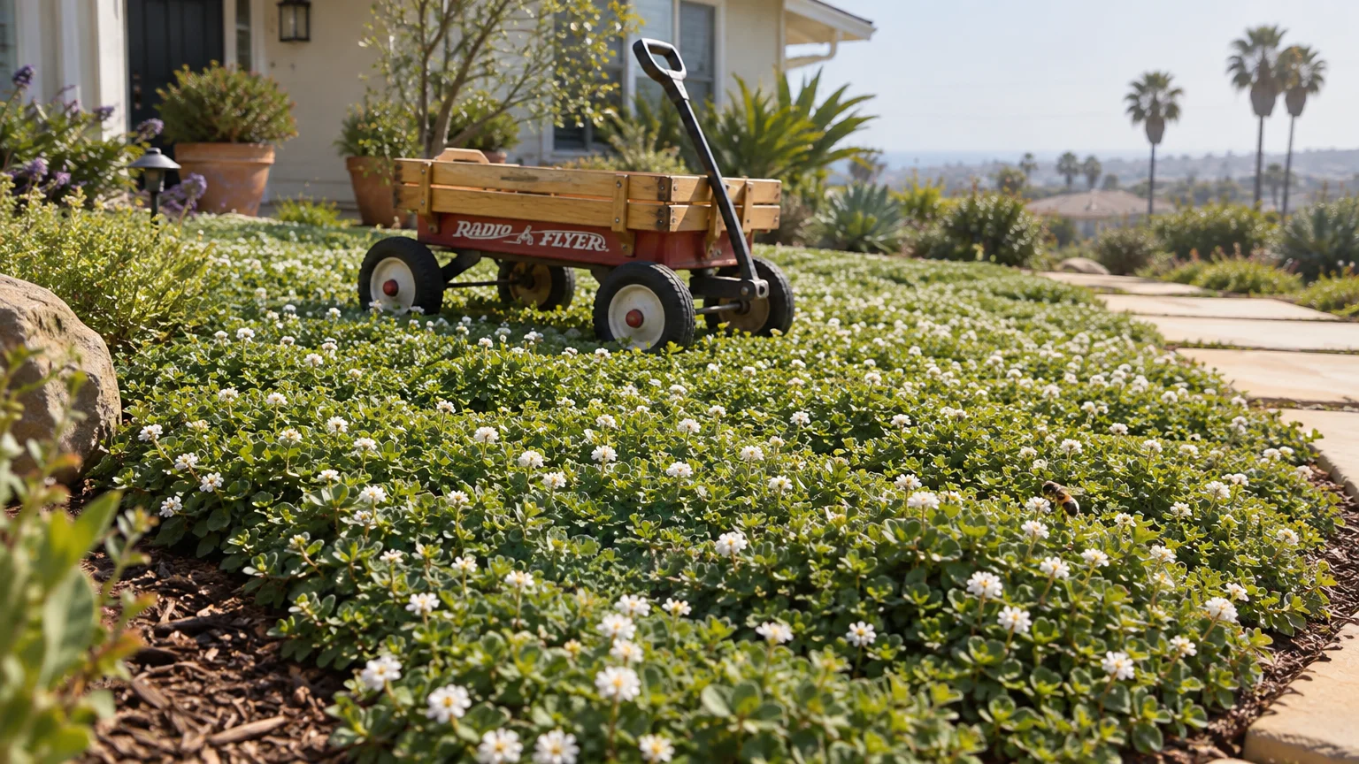 A small wooden Radio Flyer wagon resting on a dense carpet of green ground cover with tiny white blossoms.