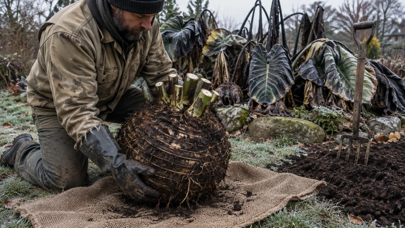 A gardener lifts a massive, trimmed elephant ear tuber onto burlap near frost-damaged tropical leaves.