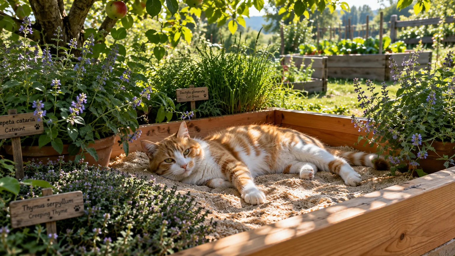 An orange and white cat rests in a wooden planter box filled with sand, surrounded by potted herbs with plant markers.