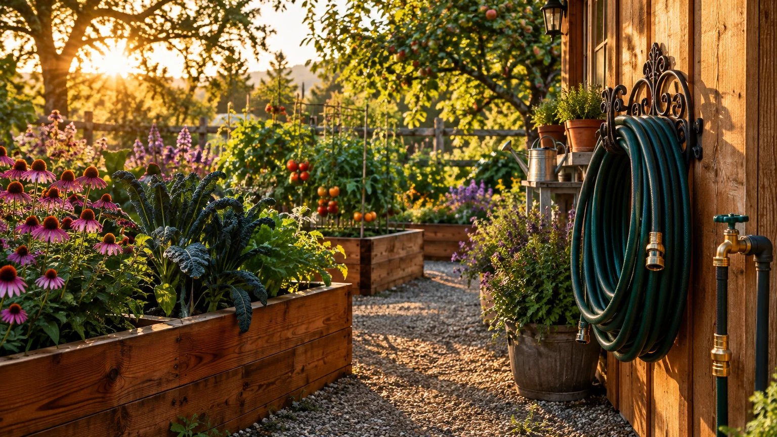 Green garden hose coiled on a wooden shed wall beside raised beds filled with flowers and vegetables at sunrise.