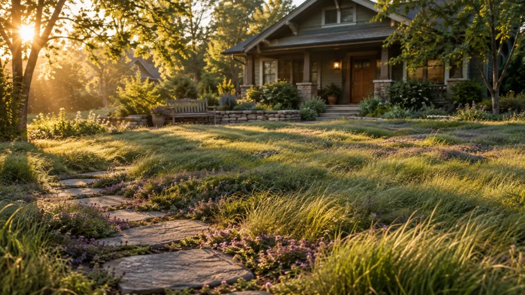 Stone pathway winding through flowering ground cover and low meadow grasses toward a craftsman bungalow at sunset.