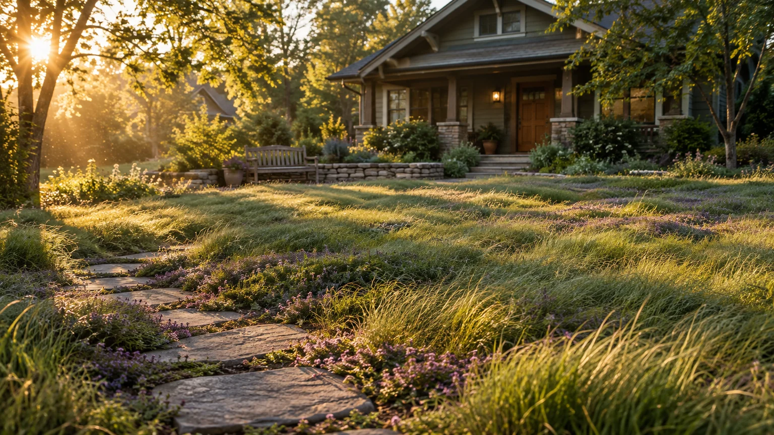Stone pathway winding through flowering ground cover and low meadow grasses toward a craftsman bungalow at sunset.