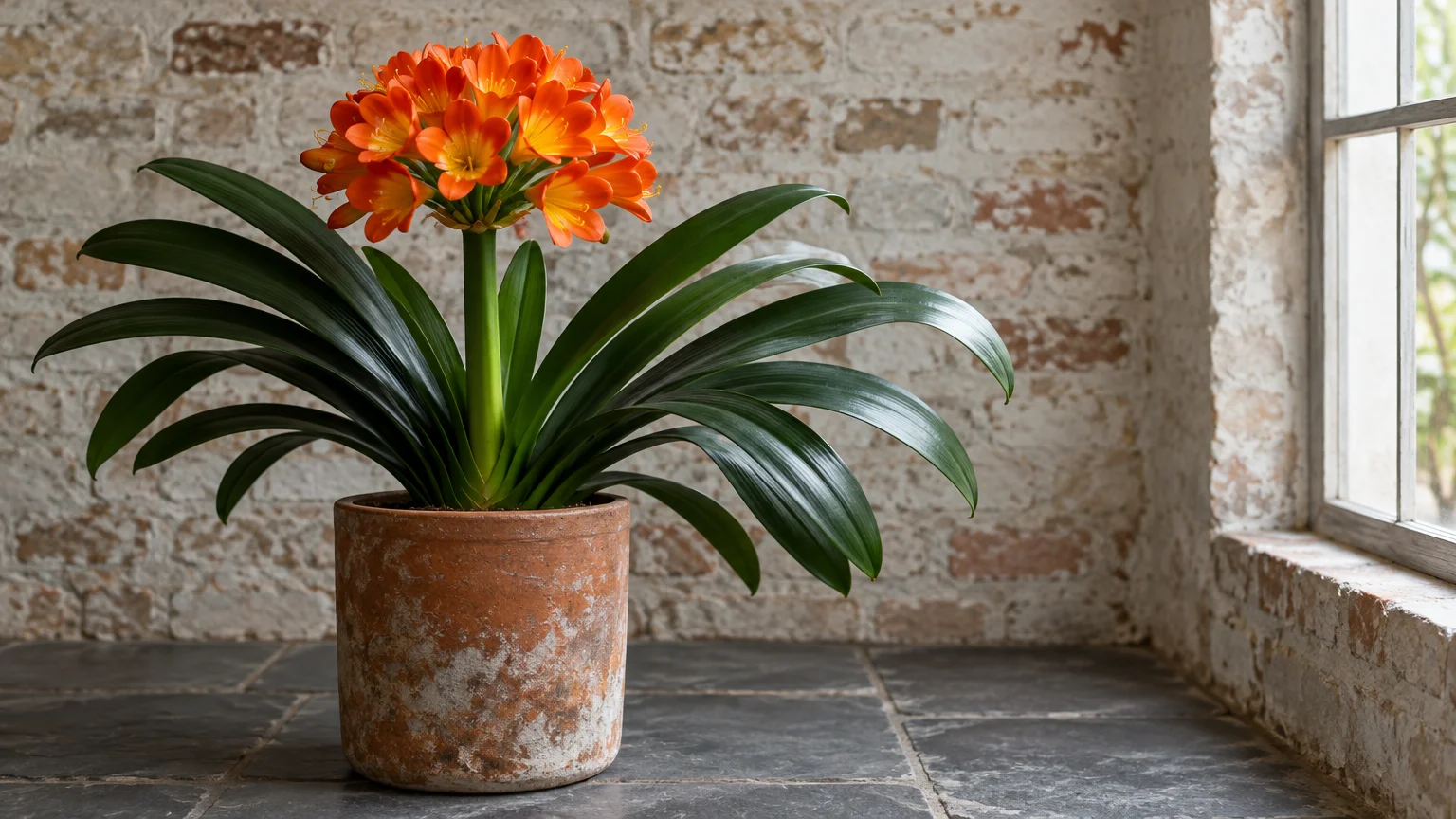 Blooming orange clivia with arching dark green leaves in a weathered terracotta pot by a brick wall and window.