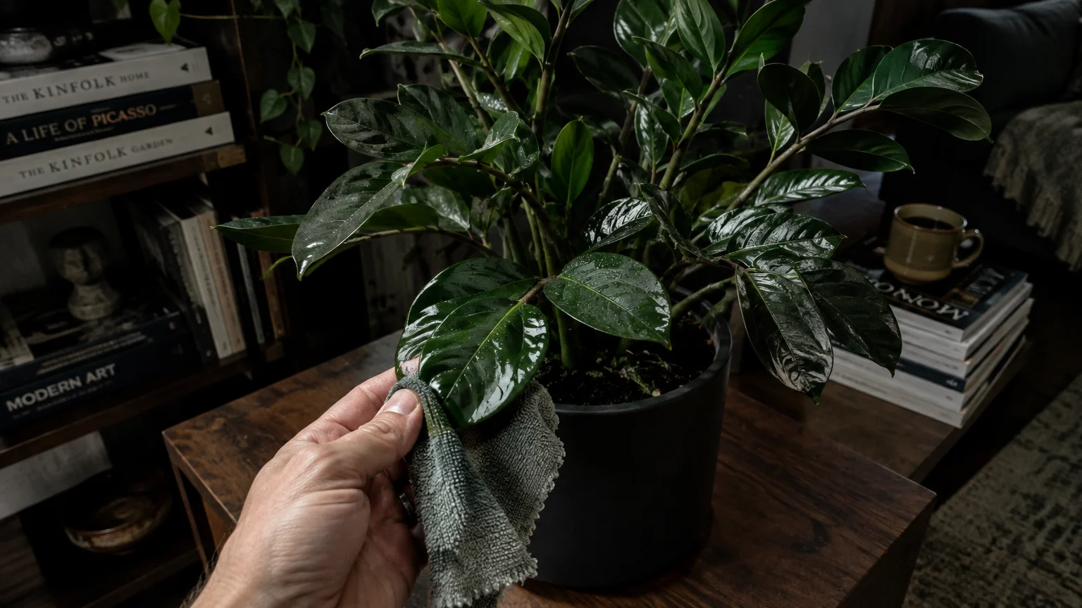 A person's hand using a damp grey cloth to wipe moisture from the glossy leaf of a potted ZZ plant.