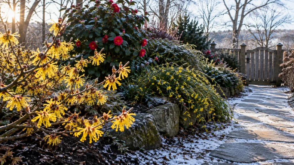 Blooming yellow witch hazel and red camellia shrubs line a snowy stone garden path leading to a wooden gate.