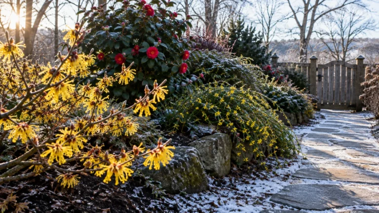 Blooming yellow witch hazel and red camellia shrubs line a snowy stone garden path leading to a wooden gate.